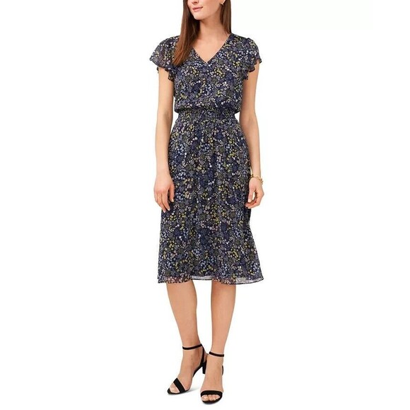 MSK Petite Printed Flutter-Sleeve Midi Dress, Denim/Yellow,  PXL - Picture 1 of 4